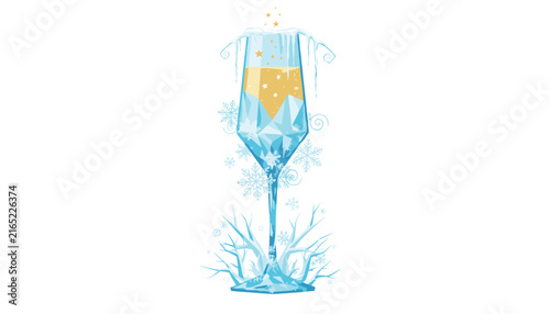 Ornate crystal champagne flute filled with golden beverage and decorated with ice crystals and winter snowflakes for festive event.