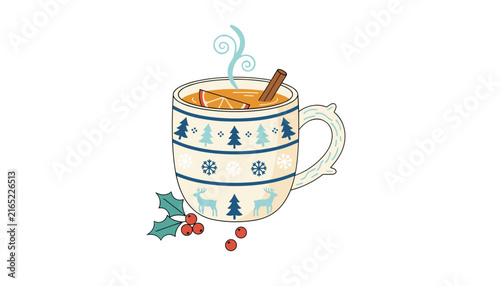 Ceramic mug featuring holiday pattern of reindeer and snowflakes filled with steaming spiced beverage and decorated with cinnamon.