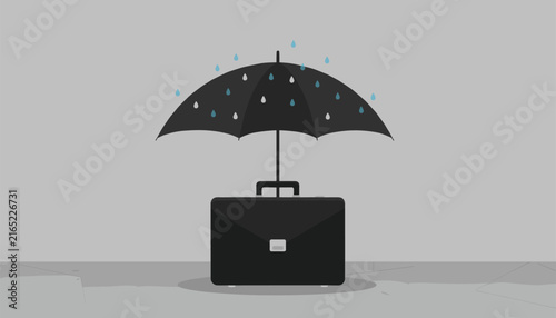 Black business briefcase placed under open umbrella to provide protection against heavy rain falling inside simple grey interior.