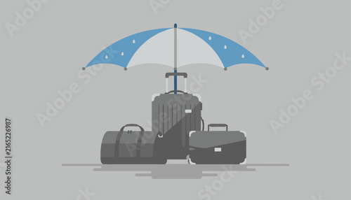 Travel luggage set consisting of suitcase and bags stands under open blue umbrella to stay dry during rain on grey background.