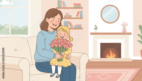 Mother holds her young daughter on lap while sitting on comfy couch in front of warm fireplace with beautiful bouquet of pink tulips.
