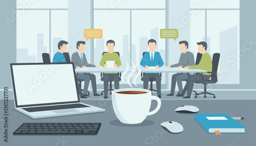 Group of professionals seated at a conference table for a collaborative meeting in a light filled office with city views and coffee on the desk.