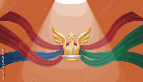 Shining gold trophy featuring wings and a star set against dramatic stage lighting with flowing red, blue, and green decorative ribbon accents.