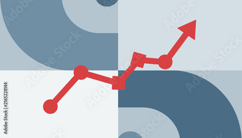 Red line graph showing a consistent upward growth trend against a geometric light blue and white checkered background for financial analysis.