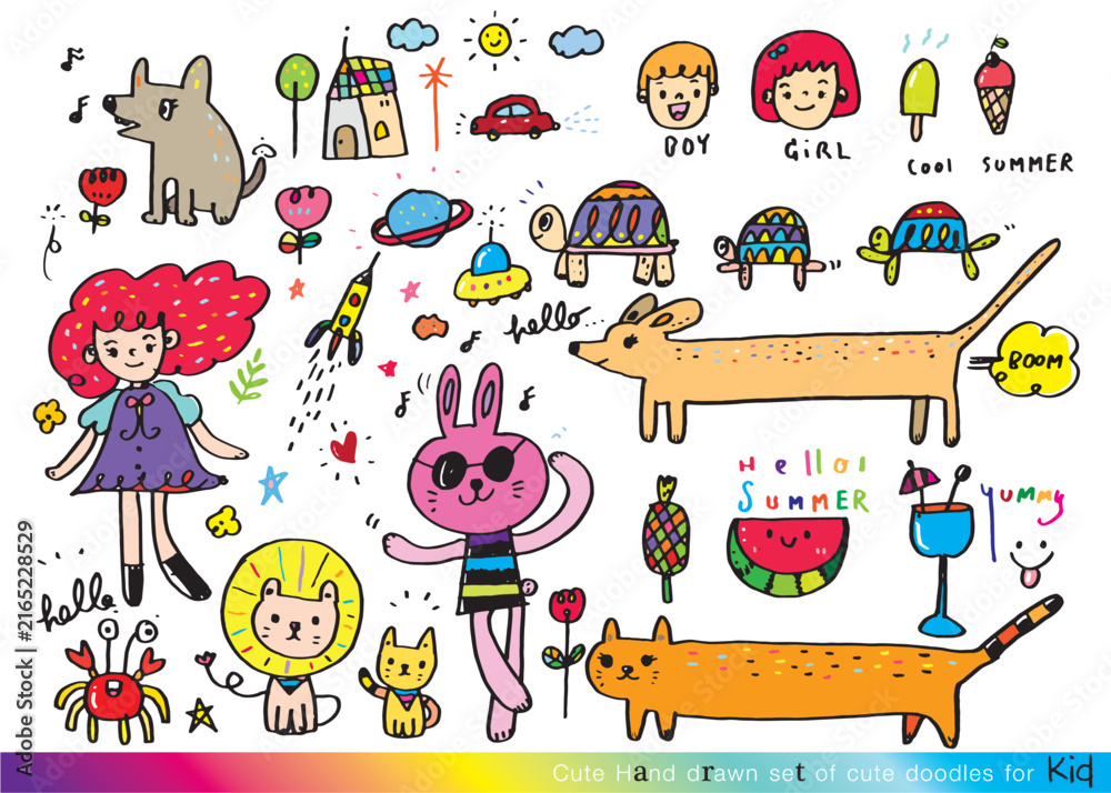 Naklejka premium Collection of hand drawn cute doodles,Doodle children drawing,Sketch set of drawings in child style,Funny Doodle Hand Drawn,Page for coloring, cute animal hand drawn, cute Doodle