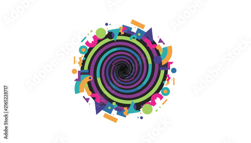 Multicolored abstract geometric vortex with floating shapes and spirals against a plain white background for a vibrant and energetic visual.