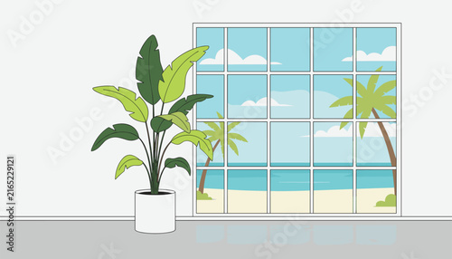 Indoor potted plant with large green leaves sitting next to a window showing a relaxing tropical beach scene with palm trees and ocean views.