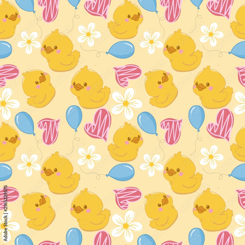 Fototapeta premium Cute Seamless Pattern with Ducks, Flowers, Balloons, and Hearts for Baby and Kids Fabric, Wallpaper, and Packaging