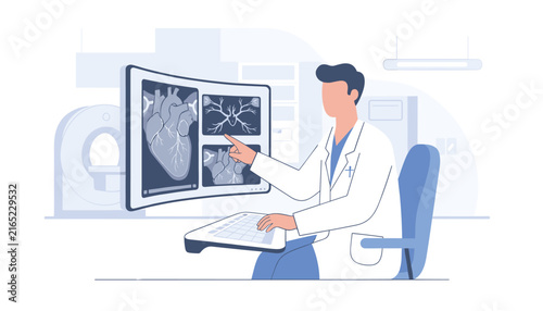 Medical specialist sits at a console while reviewing detailed heart anatomy scans on large monitors in a modern diagnostic radiology office.