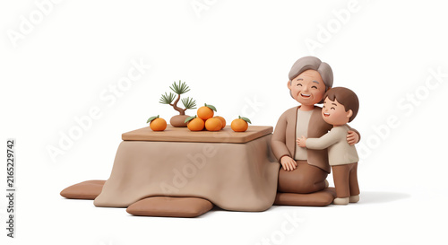 3D Clay Illustration of Grandmother and Grandson at Kotatsu Table with Mandarins and Bonsai in Japanese Winter Room