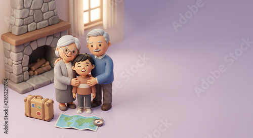 3D Clay Illustration of Asian Boy with Suitcase Visiting Grandparents by Cozy Fireplace