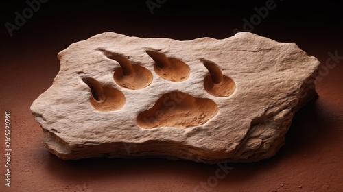 Fossilized dinosaur footprint impression in sandstone rock