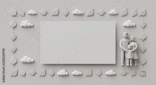 3D Clay Minimalist Frame of Birch Leaves and Clouds with Family Figurine