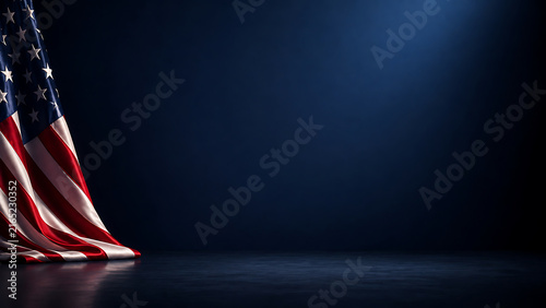 American flag drapes gracefully on a dark surface illuminated by a dramatic spotlight.