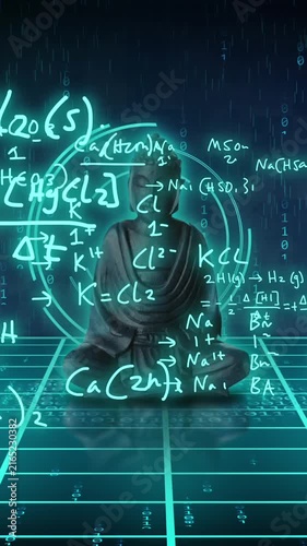 Animation of scientific data processing over buddha statue and grid