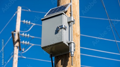 Low angle view of outdoor smart grid motor operated switch disconnect actuator enclosure with operating steel torque rod mechanism on utility distribution pole for automated power grid switching