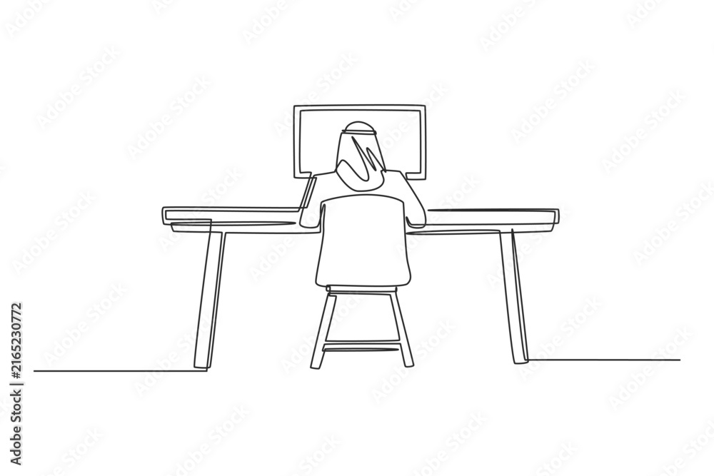 Fototapeta premium A single line drawing of a human young man working as an Arab businessman sitting at an office desk in front of a desktop computer from behind, depicting modern digital corporate productivity.