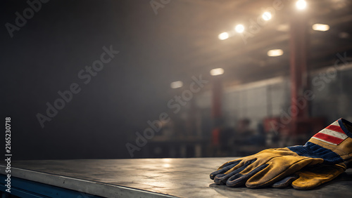 Heavy Duty Work Gloves on Workbench in Empty Industrial Workshop background