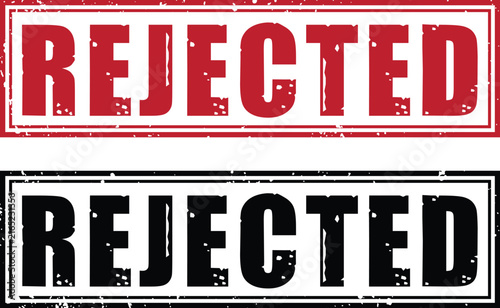 Rejected rubber stamp vector set. Distressed red and black rejected ink seals. Grungy office document mark icons.