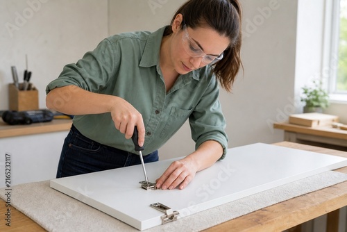 Woman Installing Concealed Hinges on Wardrobe Door