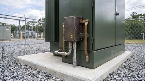 Wireless smart grid iot telemetry module installed on olive green pad mounted electrical transformer cabinet in utility yard