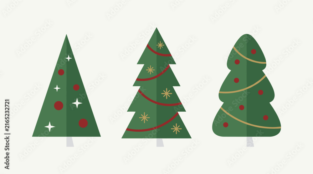Fototapeta premium Three stylized flat design Christmas trees with simple ornaments and garlands, isolated on a light background.