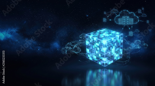 Glowing pixel cube hovering digital cloud network data storage futuristic technology concept