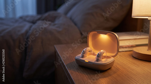 Hearing aids in charging case on wooden bedside table with warm lamp light and blurred bed background