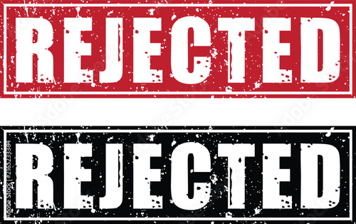 Rejected rubber stamp set in red and black, grunge textured ink seal vectors, distressed office mark for denied status
