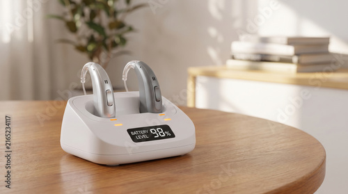 Rechargeable hearing aids in charging cradle on wooden table with battery level display showing 98 percent