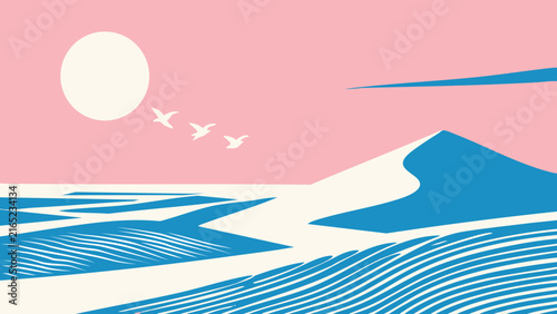 Minimalist Arctic Landscape with Blue Ice, Mountains and Flying Birds