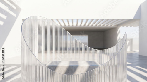 Transparent ribbed acrylic wave product display stand with modern architectural background and natural light