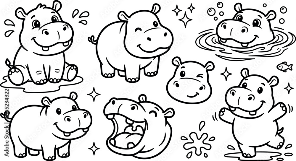 Fototapeta premium Cute Kawaii Hippo Vector Set with Cartoon Hippopotamus Swimming, Splashing Water, and Yawning for Kids Coloring Books