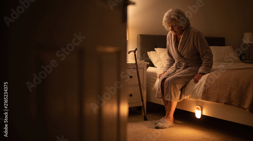 Elderly woman sitting on bed in robe with walking cane and night light in bedroom at night