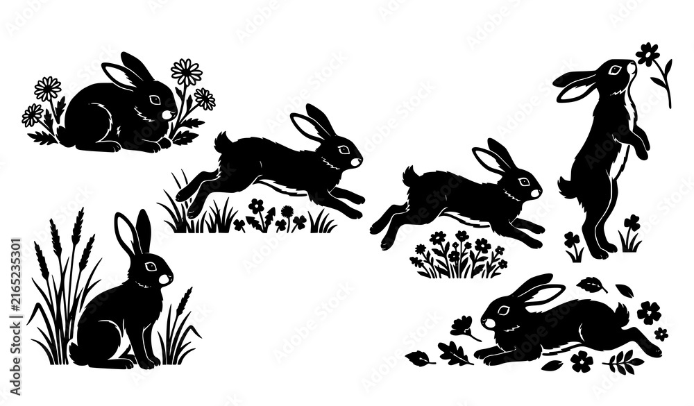 Obraz premium Six Rabbits in Natural Poses with Meadow Flowers and Grass Monochrome Vector Collection