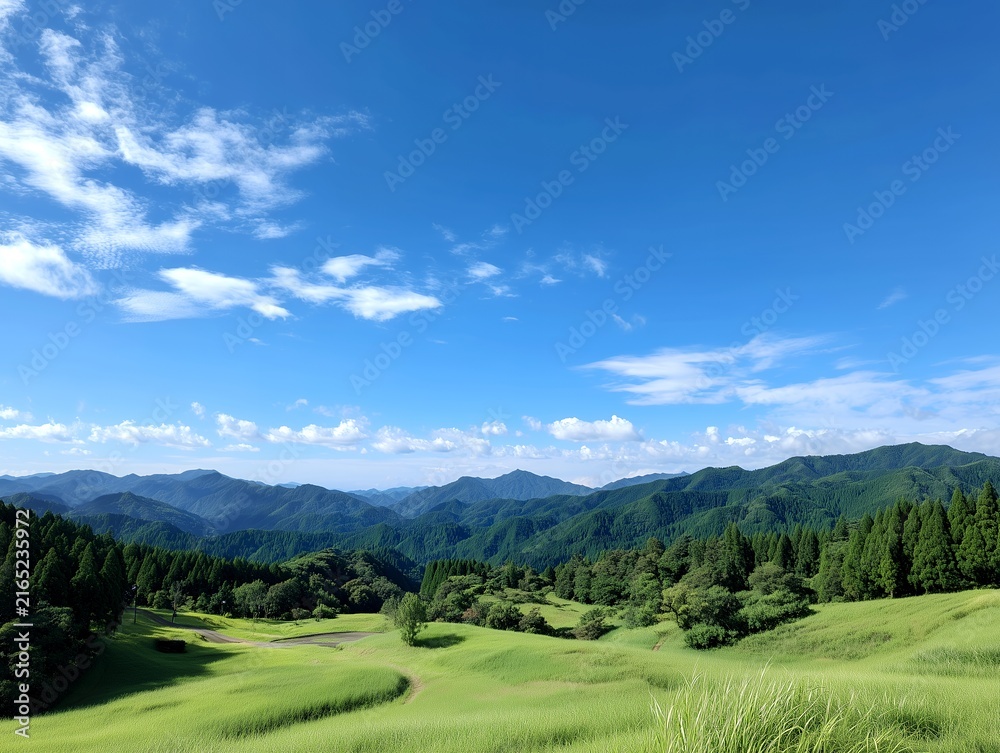 Obraz premium 青い空と白い雲が広がる広大な緑の草原と遠くの山々