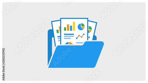 Blue Folder Icon Containing Financial Business Reports and Data Analysis Charts