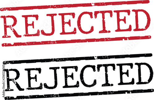 Rejected rubber stamp set with red and black ink. Grunge office seal for declined applications and denied documents.