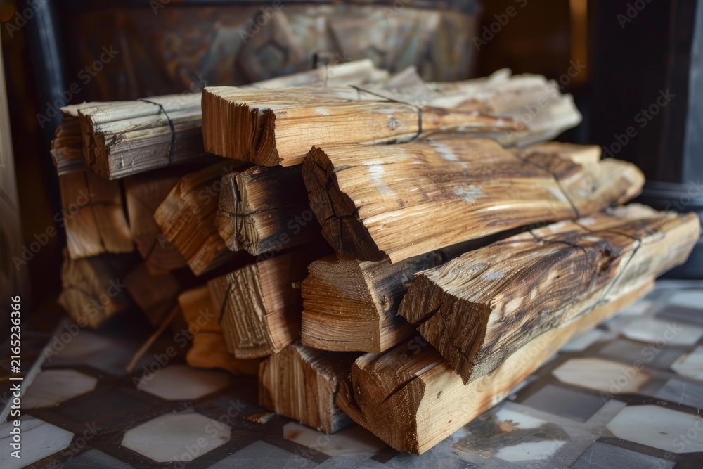 Fototapeta premium Firewood logs tied together with wire, stacked on a tiled floor, ready for use in a fireplace, creating a cozy atmosphere