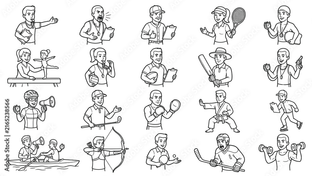 Naklejka premium Sports Coach and Referee Characters Coloring Page Set Line Art Illustration