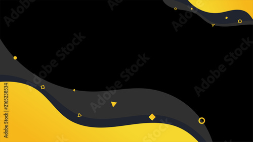 Abstract dark background vibrant yellow fluid waves with smooth dark grey layered curves and small floating yellow geometric elements, modern banner design and presentation