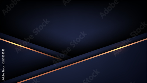 Dark navy blue luxury abstract background with overlapping geometric paper layers and glowing metallic gold lines, modern corporate presentation banner design