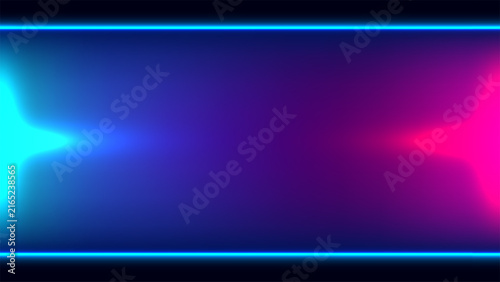 Abstract cyberpunk neon background with vibrant blue and pink gradient frame glowing laser light lines and dark futuristic border, modern banner backdrop presentation template design