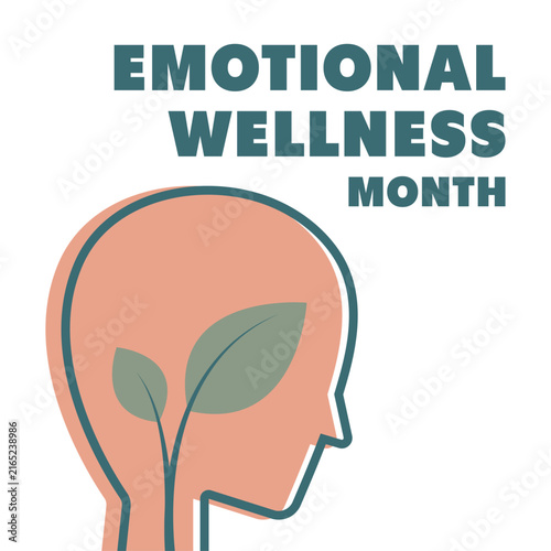 Emotional Wellness Month illustration featuring a human head silhouette with growing leaves, symbolizing mental health, personal growth, self-care, and psychological well-being.