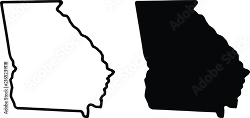 Georgia state map outline and silhouette icons on white background