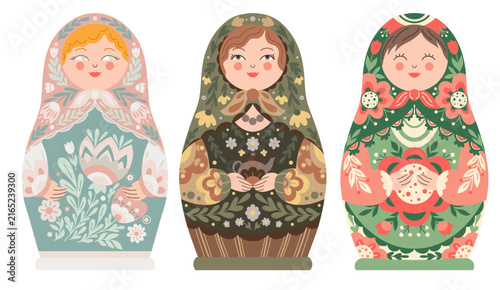 Vector set of matryoshka dolls clip arts in folk art style. Collection of decorative women with ornament. Tracery nesting dolls