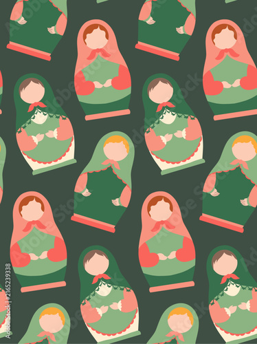 Vector seamless pattern with silhouette of matryoshka dolls in pastel colors. Texture with flat nesting dolls souvenirs on dark green background