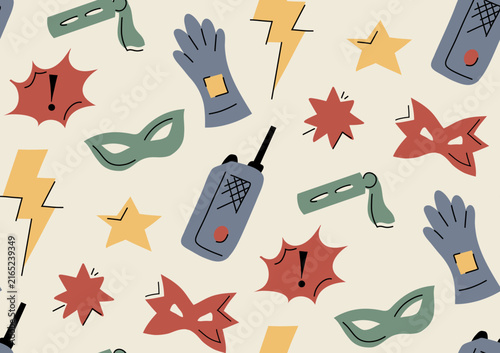 Vector seamless superhero pattern. Doodle texture with stars, a walkie-talkie, a glove, and masks. Heroic background
