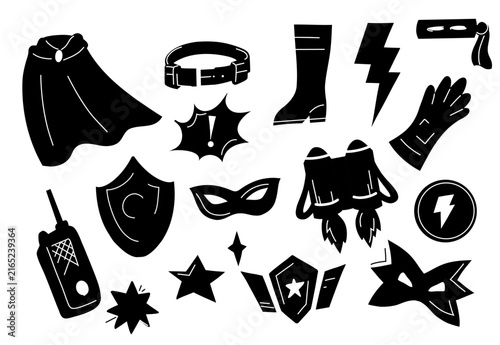 Monochrome superhero vector set. Collection of black silhouette of superhero masks, capes, shields, and symbols.