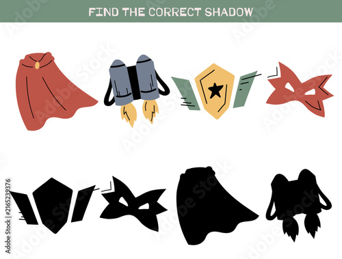 Vector educational game for children. Find the correct shadow of superhero symbols. Practice template with hand drawn heroic objects